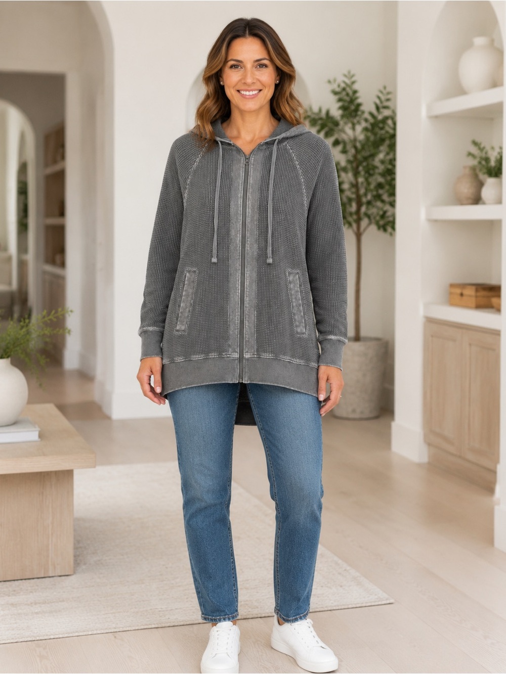 Women’s Gray Waffle-Knit Zip Hoodie Sweater